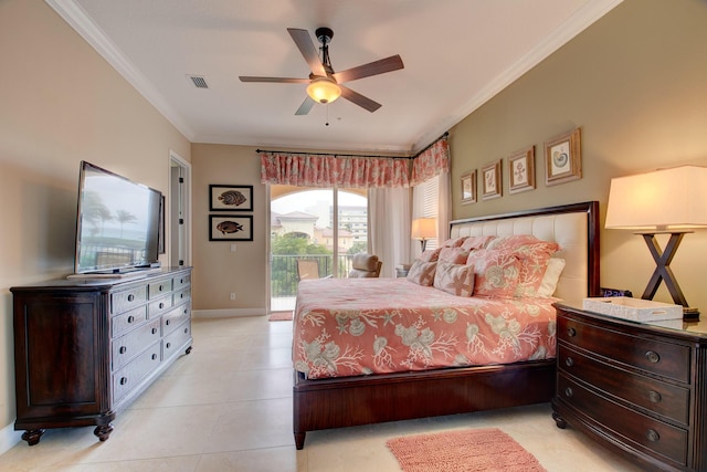 tiled bedroom featuring access to outside, ceiling fan, and crown molding