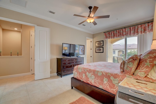 tiled bedroom featuring ceiling fan, crown molding, and access to outside