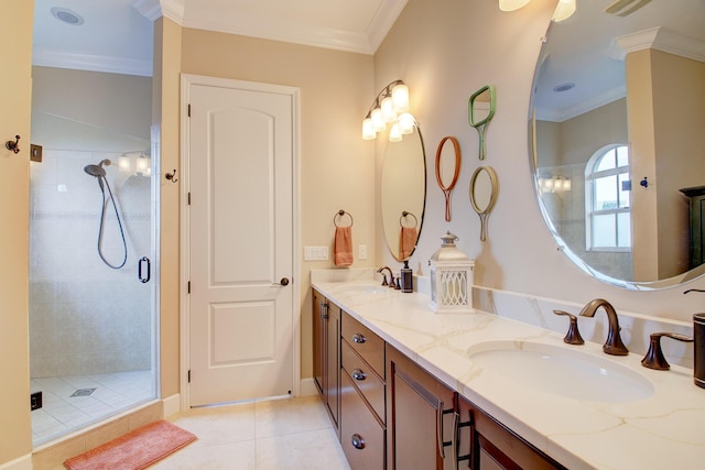 bathroom with walk in shower, tile patterned flooring, vanity, and ornamental molding