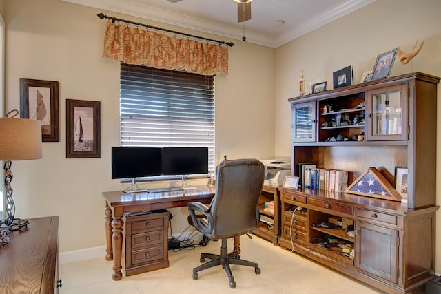 home office featuring light tile patterned floors and crown molding