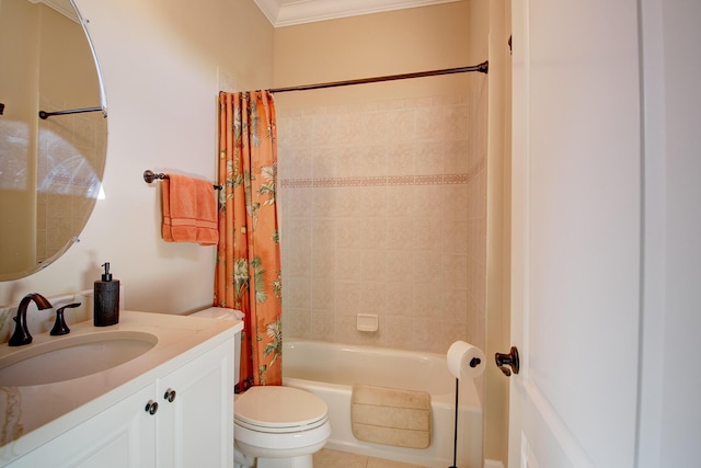 full bathroom featuring vanity, shower / bath combo, tile patterned flooring, toilet, and ornamental molding