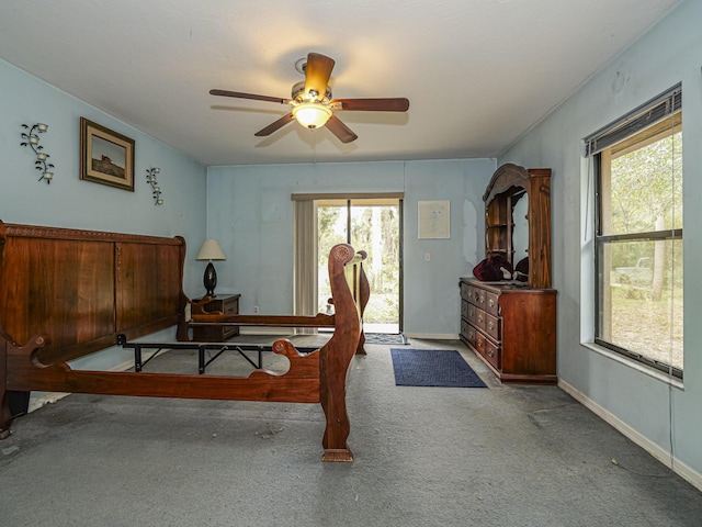 bedroom with light carpet and ceiling fan