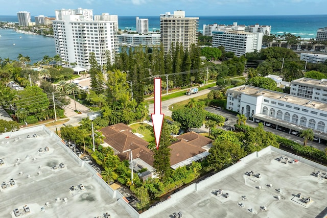 aerial view featuring a water view