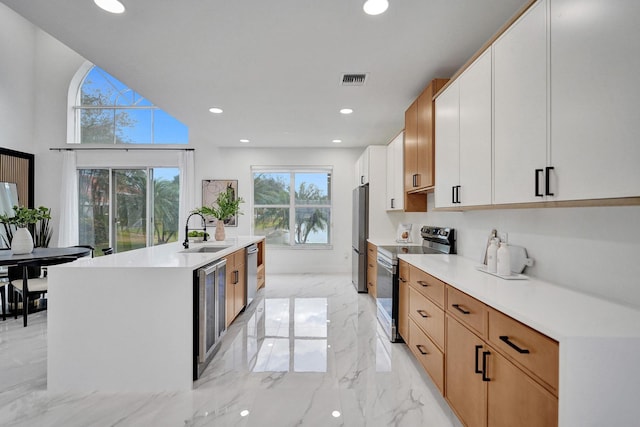 kitchen featuring white cabinets, stainless steel appliances, plenty of natural light, and sink