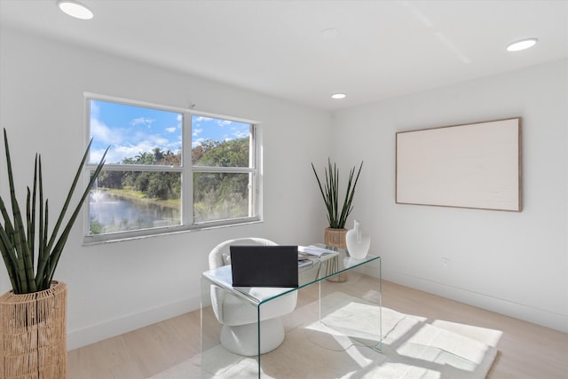 office space featuring light hardwood / wood-style floors and a water view