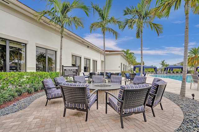 view of patio / terrace with an outdoor fire pit and a community pool