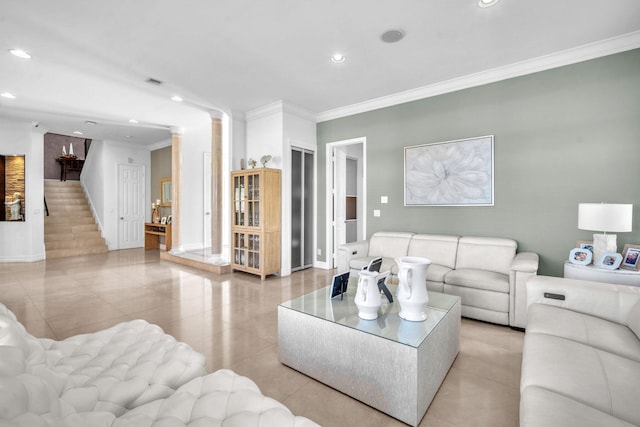 tiled living room with ornamental molding