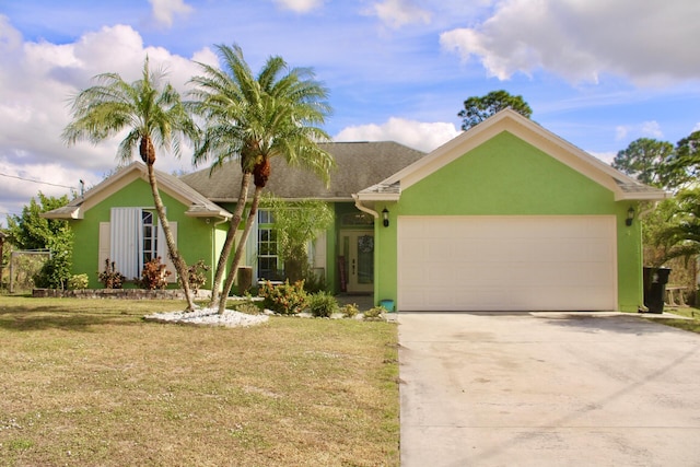 single story home with a front lawn and a garage