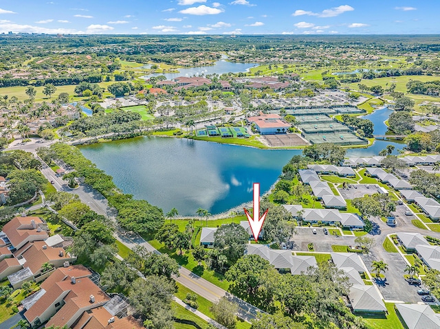 aerial view featuring a water view