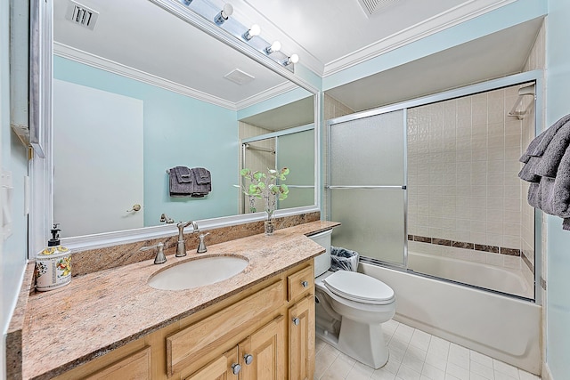 full bathroom with tile patterned flooring, combined bath / shower with glass door, toilet, vanity, and ornamental molding