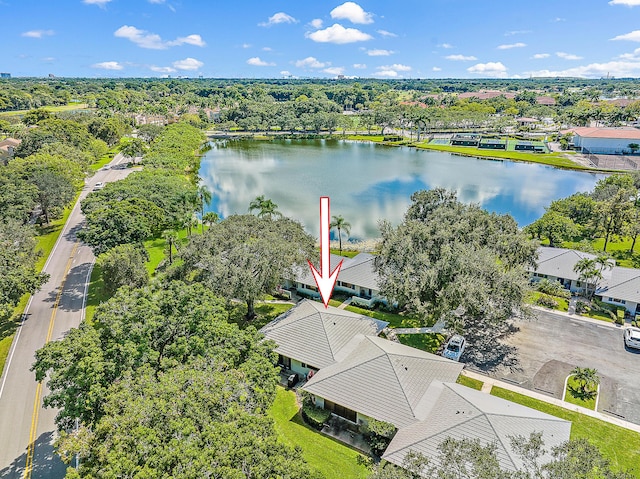 drone / aerial view featuring a water view