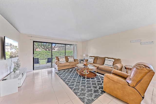 tiled living room with a textured ceiling