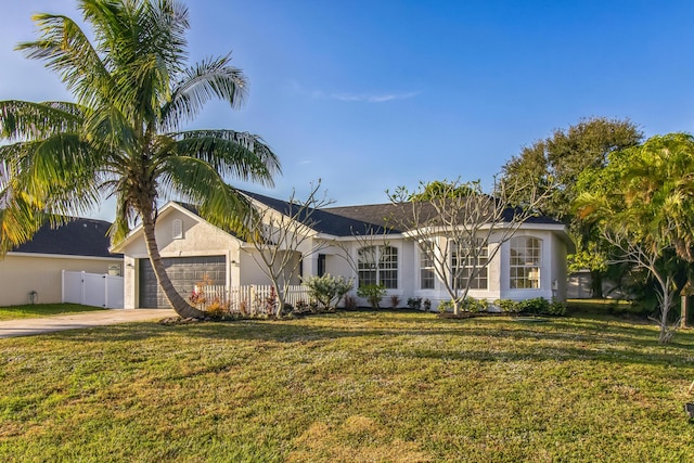 ranch-style home featuring a garage and a front lawn