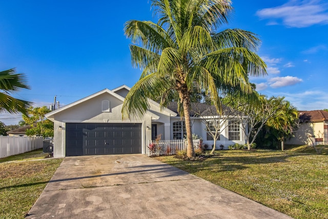 view of front of property with a garage, a front lawn, and central air condition unit