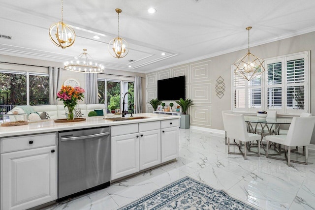 kitchen featuring crown molding, white cabinets, stainless steel dishwasher, marble finish floor, and a sink