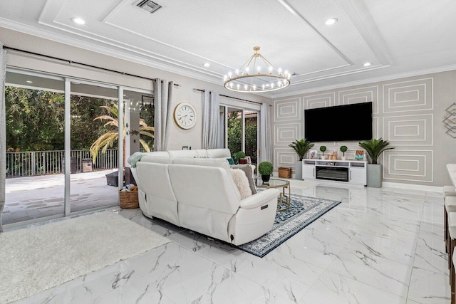 living area with visible vents, marble finish floor, a chandelier, and ornamental molding