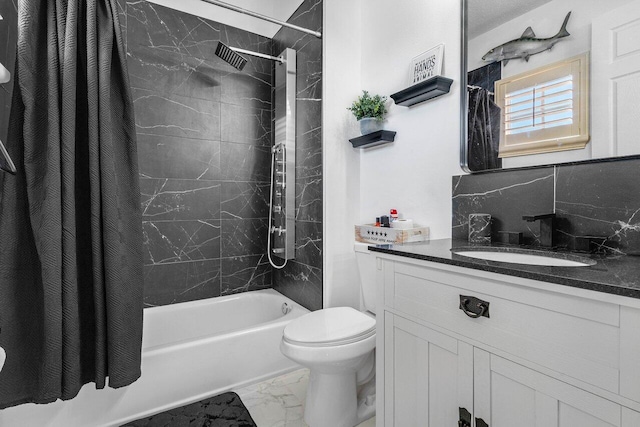 bathroom with vanity, tasteful backsplash, shower / bathtub combination with curtain, toilet, and marble finish floor