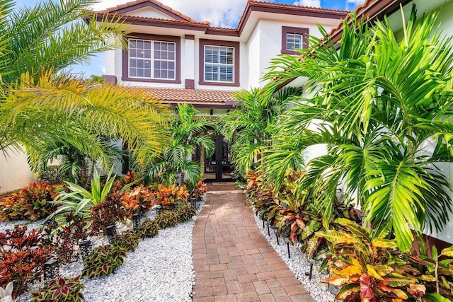 view of exterior entry with stucco siding, french doors, and a tile roof