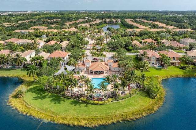 birds eye view of property with a residential view and a water view