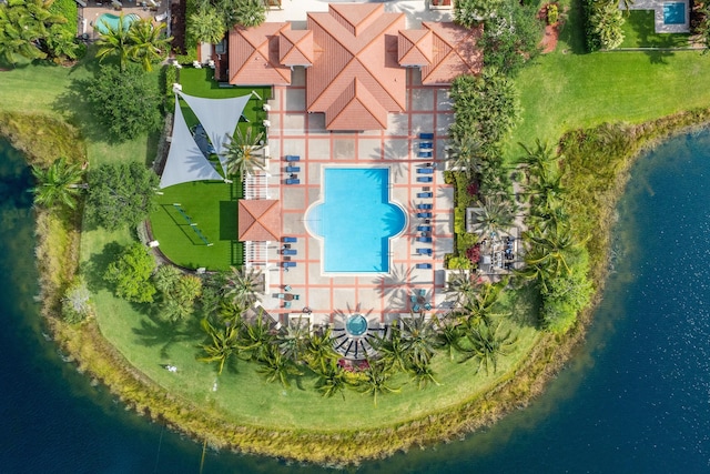 drone / aerial view featuring a water view