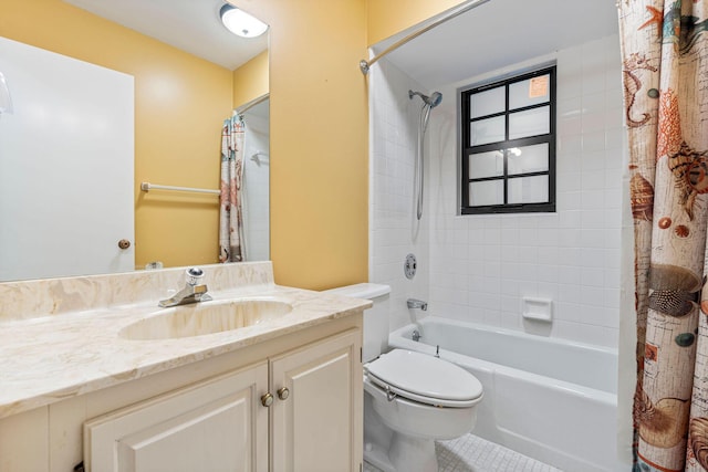 full bathroom featuring tile patterned flooring, vanity, shower / tub combo with curtain, and toilet