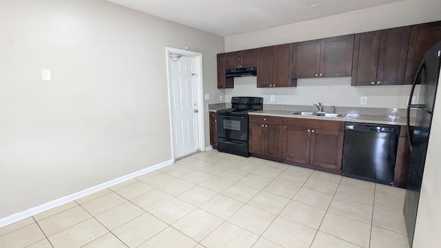 kitchen with black appliances, dark brown cabinets, light tile patterned floors, and sink