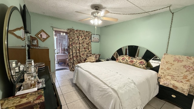 bedroom with ceiling fan and light tile patterned flooring