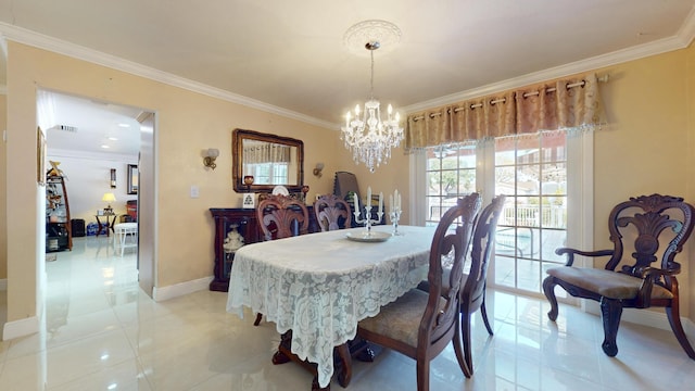 tiled dining space featuring a notable chandelier and crown molding