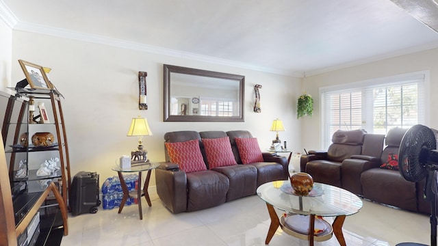 tiled living room with crown molding