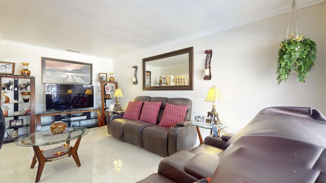 tiled living room featuring crown molding