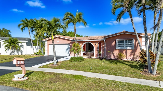 view of front of home featuring a front lawn and a garage