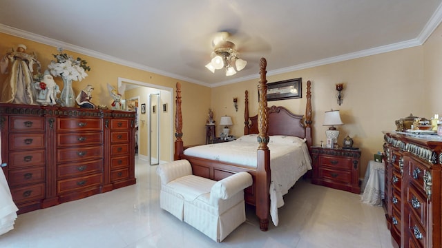 bedroom with ceiling fan and ornamental molding