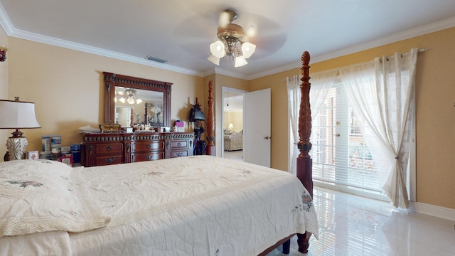 bedroom featuring ceiling fan, crown molding, and access to outside