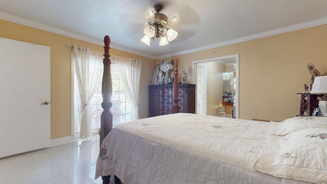 bedroom with tile patterned floors, connected bathroom, ceiling fan, and ornamental molding