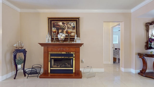 living room featuring light tile patterned floors and crown molding