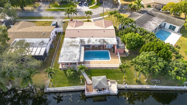 drone / aerial view featuring a water view