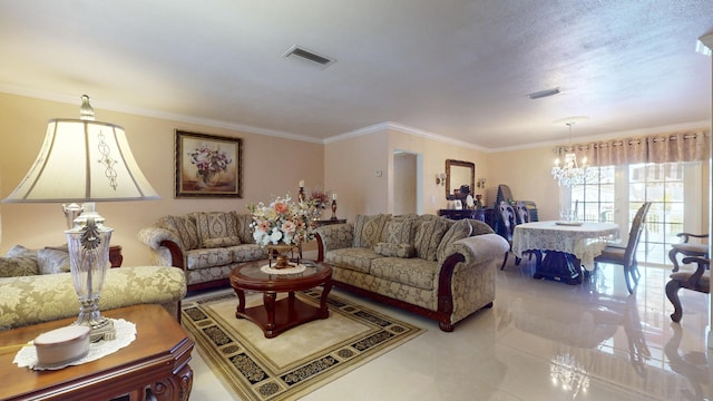 living room featuring a notable chandelier and crown molding