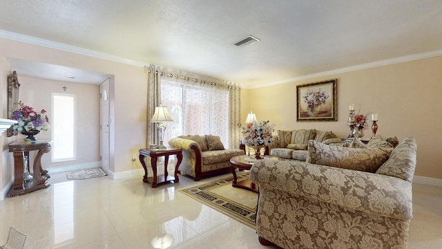 tiled living room with ornamental molding