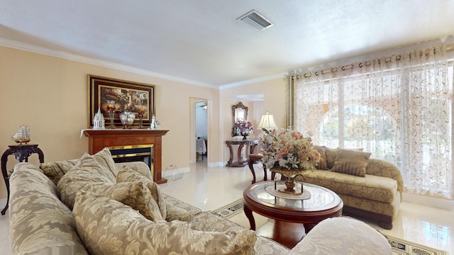 tiled living room with crown molding