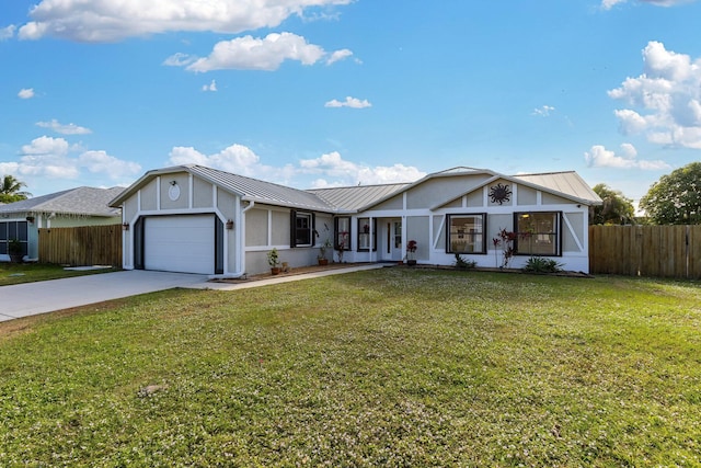 single story home featuring a front lawn and a garage