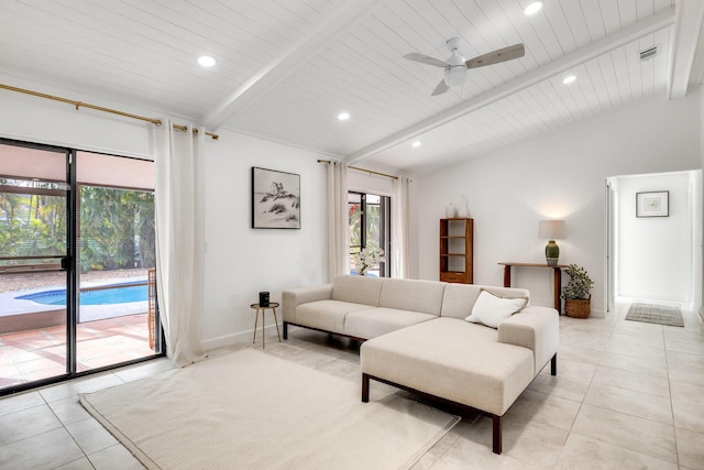 tiled living room with lofted ceiling with beams, ceiling fan, and wooden ceiling