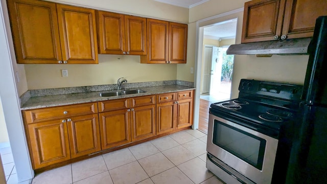 kitchen with light stone countertops, sink, stainless steel electric stove, light tile patterned floors, and ornamental molding