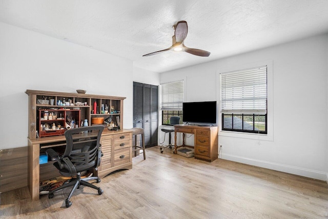 office space with ceiling fan, a textured ceiling, and light hardwood / wood-style flooring