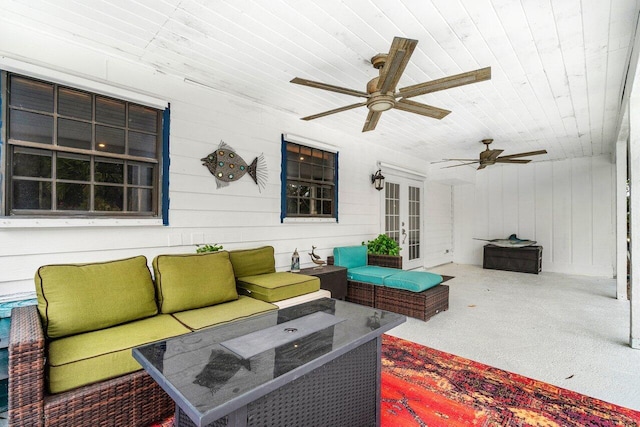 view of patio / terrace featuring french doors, ceiling fan, and an outdoor hangout area