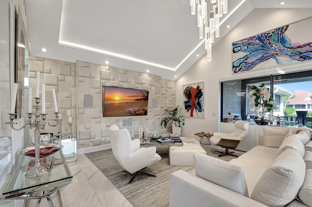 living room featuring lofted ceiling