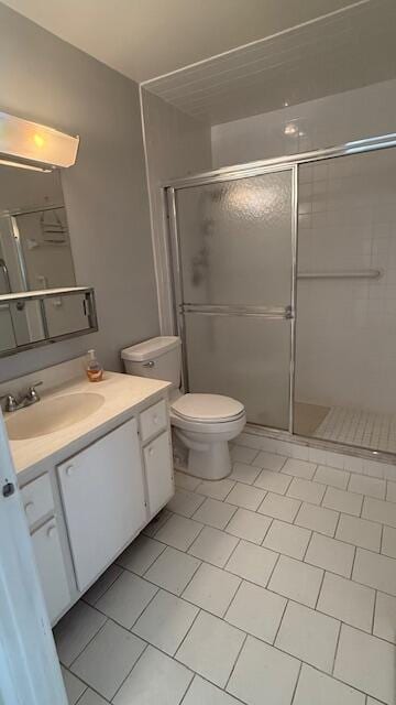 bathroom featuring tile patterned floors, vanity, toilet, and an enclosed shower