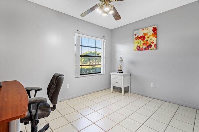 tiled office space with ceiling fan