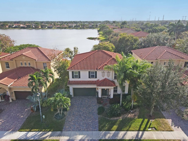 drone / aerial view featuring a water view