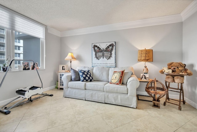 tiled living room with a textured ceiling and crown molding