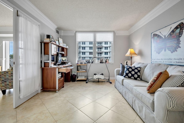 office space featuring light tile patterned floors, a textured ceiling, and crown molding